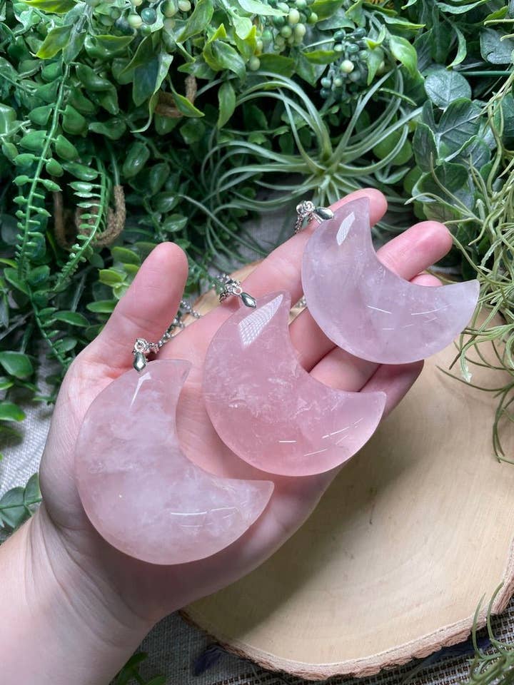 Chunky Rose Quartz Moon Necklace for wholesale by Copper Ashes