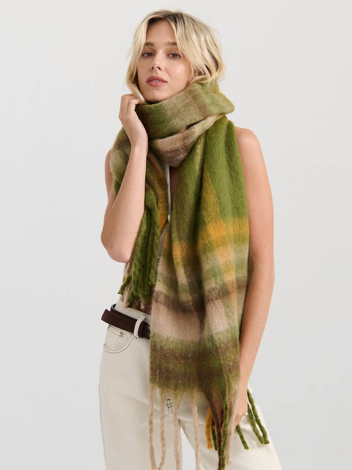 Matcha Checkered Fluffy Scarf for wholesale by Angels Whisper Accessories