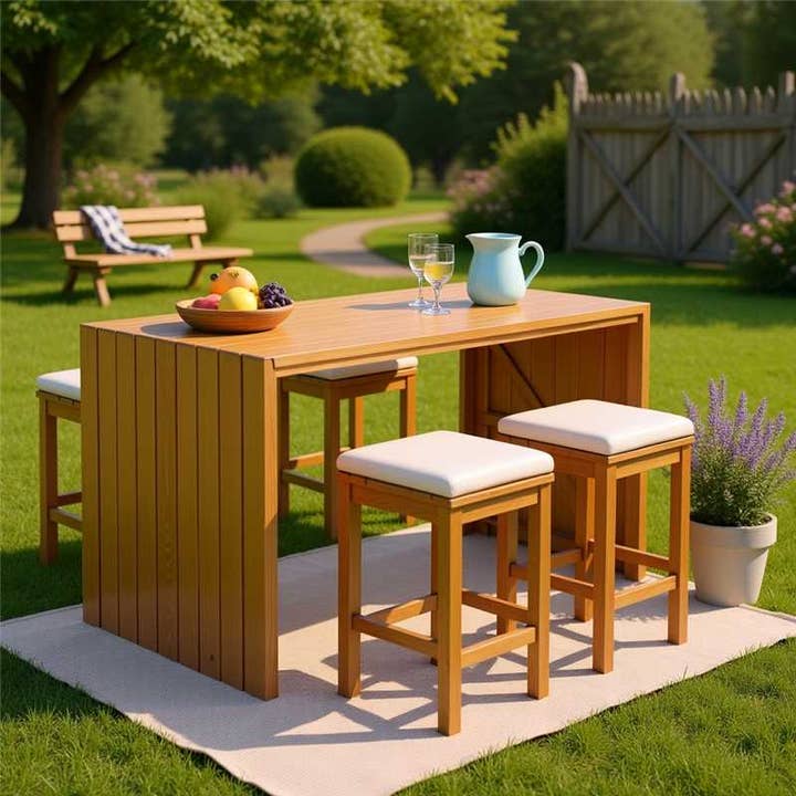 5-Piece Outdoor Acacia Wood Bar Set - Table, 4 Stools for wholesale by 39F Inc.