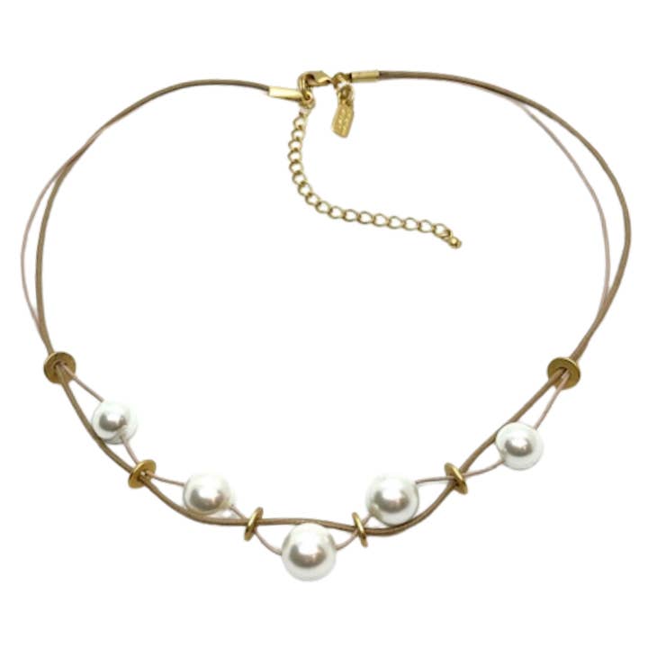 White Pearl and Natural Linen Matte Gold Disk Necklace for wholesale by Deborah Grivas Designs