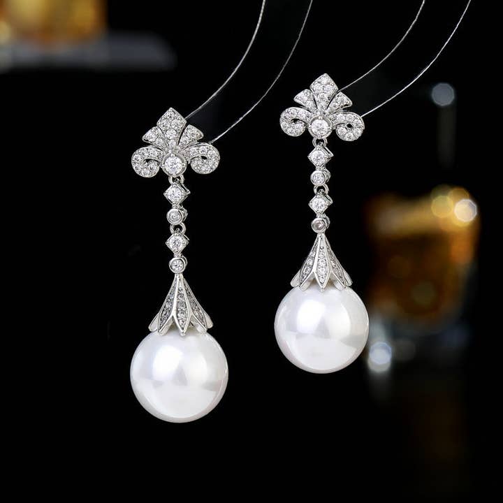 C-010 Elegant CZ Diamond Drop Wedding Pearl Earrings for wholesale by Gaia Fashion Inc