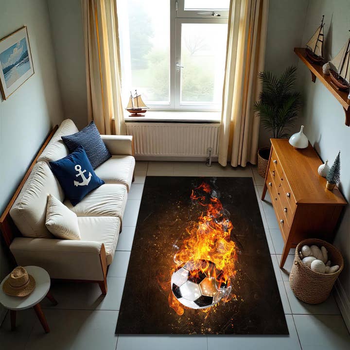 Flaming Soccer Ball Rug: Sports Theme Kids Room Decor for wholesale by Rugendary Trade LLC