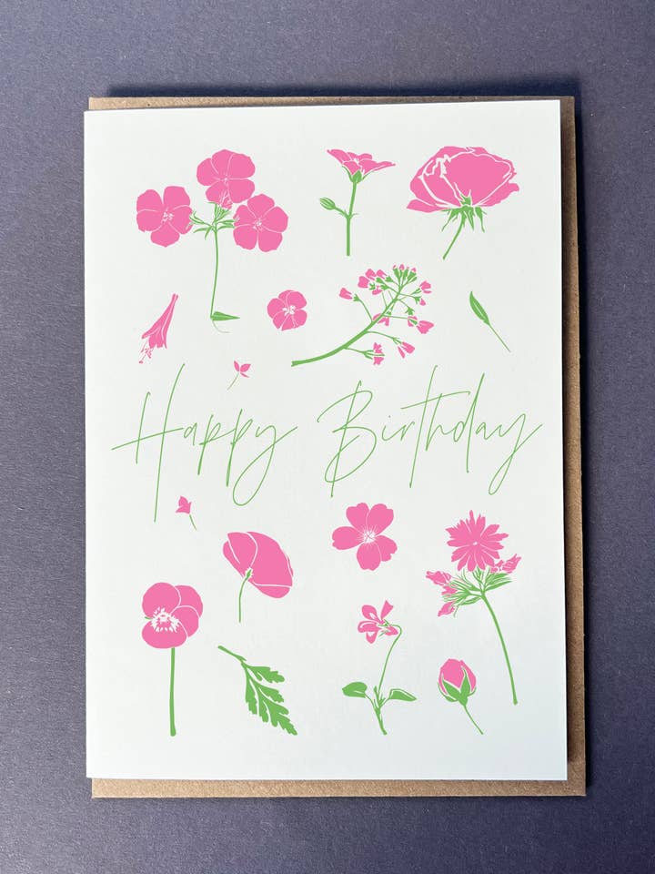 Pink Flower press Birthday Card | Letterpress Birthday Day for wholesale by Penguin Ink