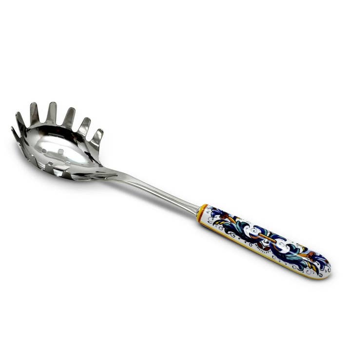 RICCO DERUTA DELUXE: Ceramic Handle Spaghetti Serving Tong with 18/10 stainless steel cutlery. for wholesale by Artistica - Deruta of Italy
