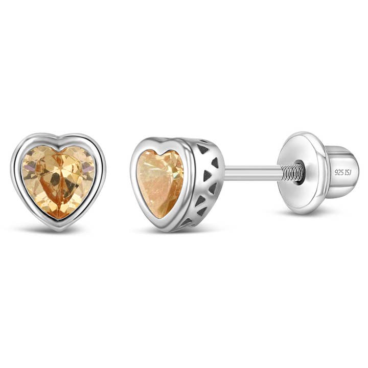 In Season Jewelry - Wholesale Earrings - Kids - CZ Birthstone Heart Toddler Kids Earrings - Sterling Silver