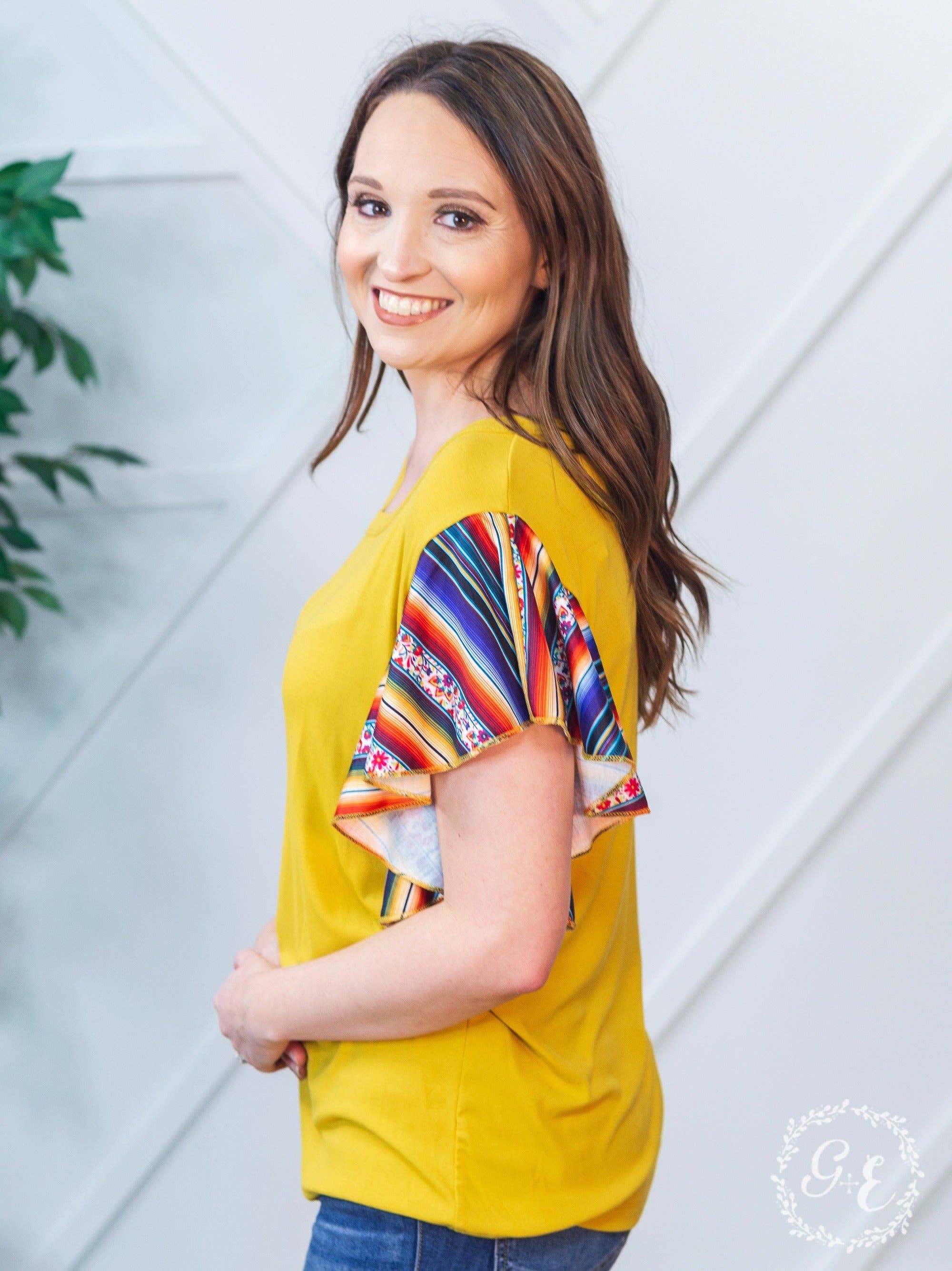 Moutarde Haut à volants Serape Sunrise Mustard en vente sur Faire1