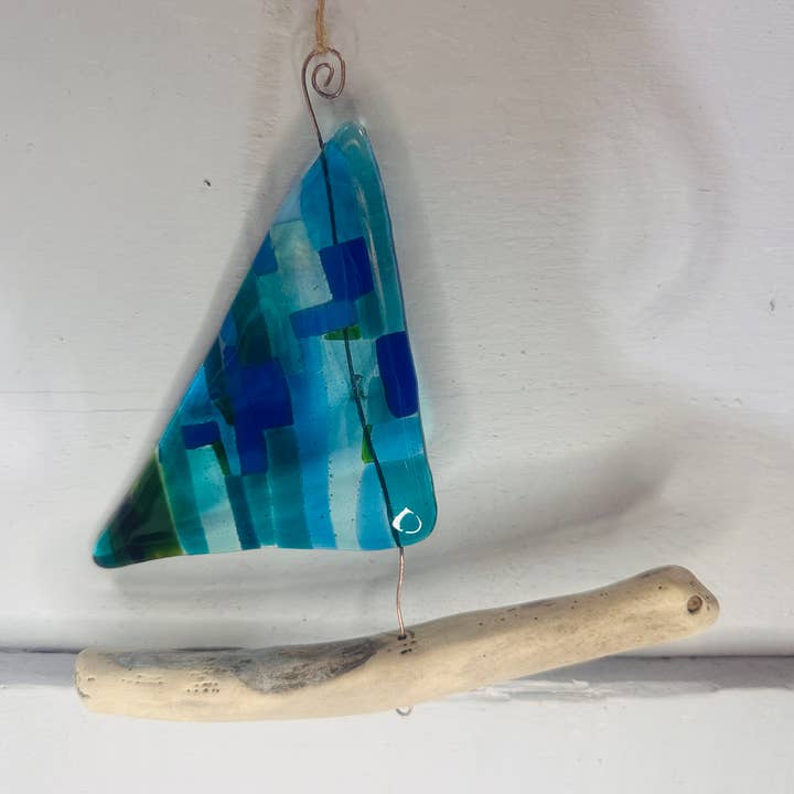 Ally Glass Studio - Wholesale Ornament - Â fused glass and drift wood hanging boat Â