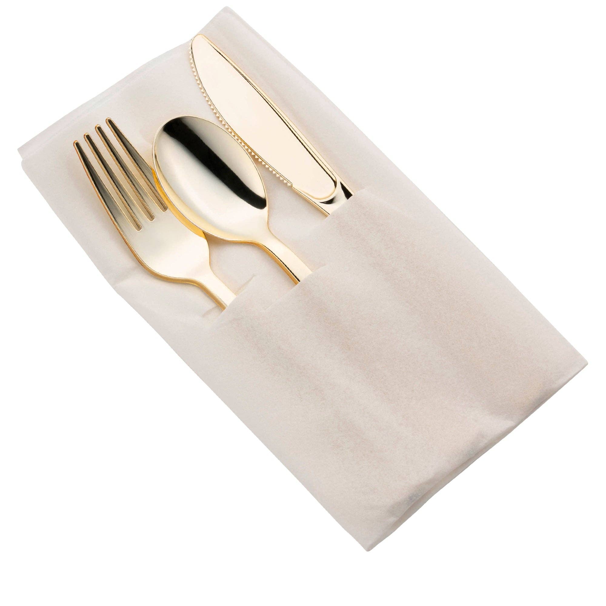 Smarty had a Party - Wholesale Assorted Cutlery Set - Gold Plastic Cutlery in White Pocket Napkin Set - 70 Guests0