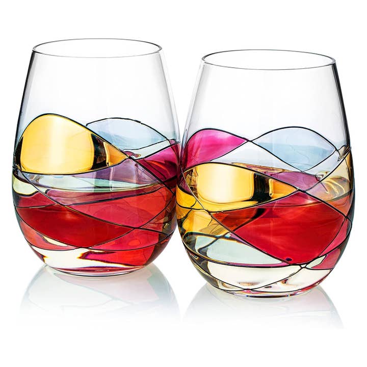 The Wine Savant / Khen Glassware - Wholesale Wine Glass - Hand Painted Stemless Wine Glasses Set of 2