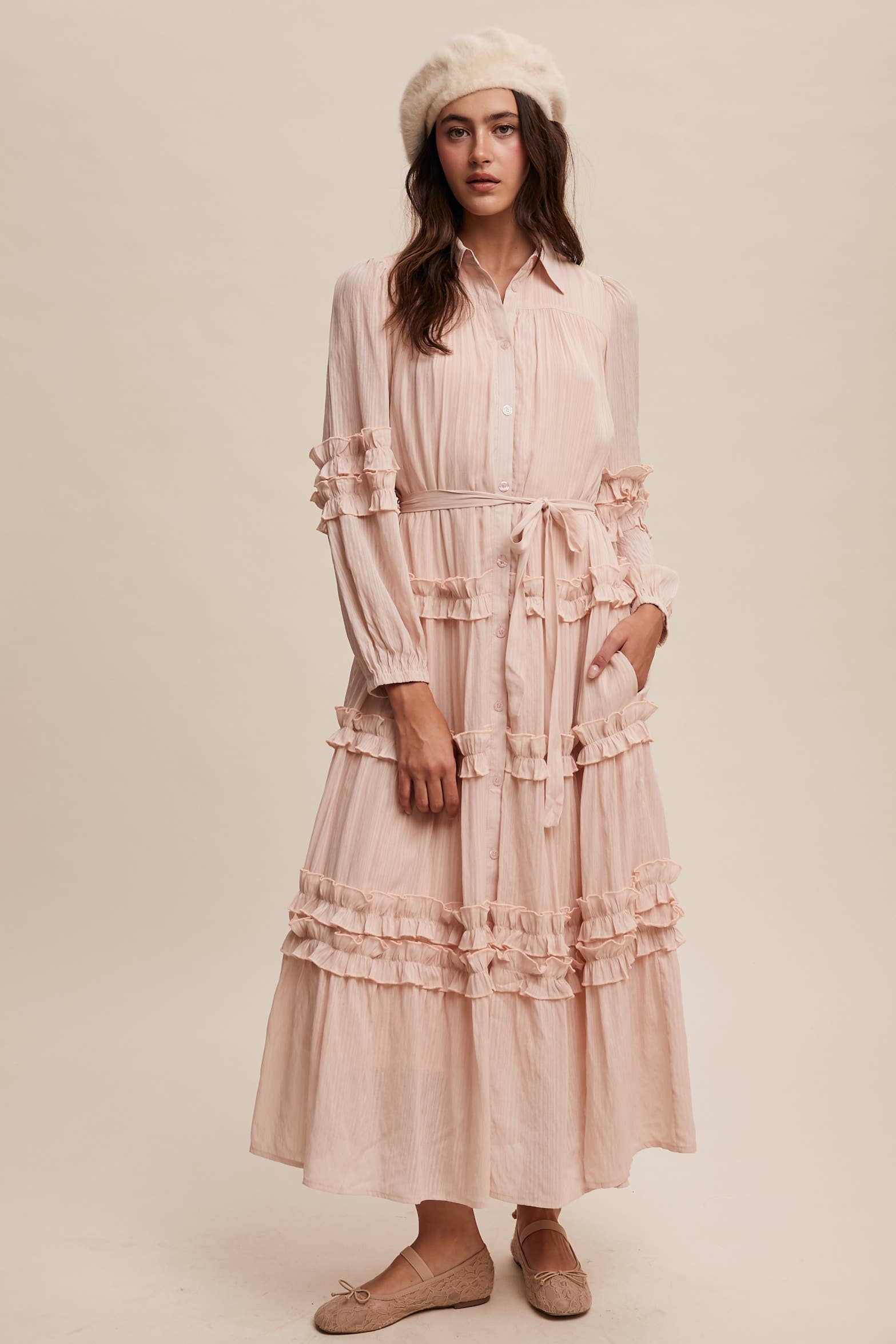 Listicle - Wholesale Dress - Women's - Ruffled Belted Maxi Shirt Dress LD149624