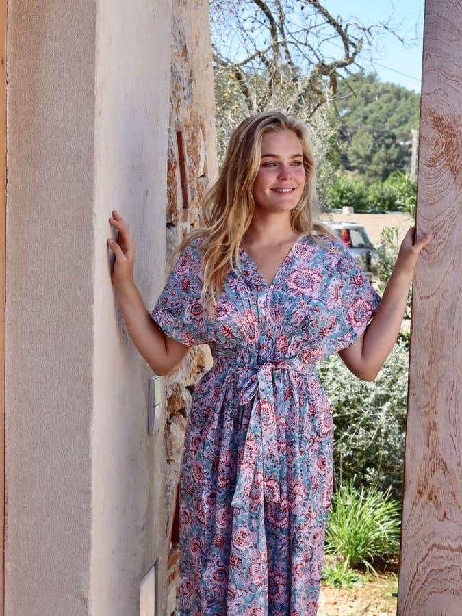 PALM BEACH DRESS TURQUOISE FLOWER for wholesale by Aurobelle Ibiza