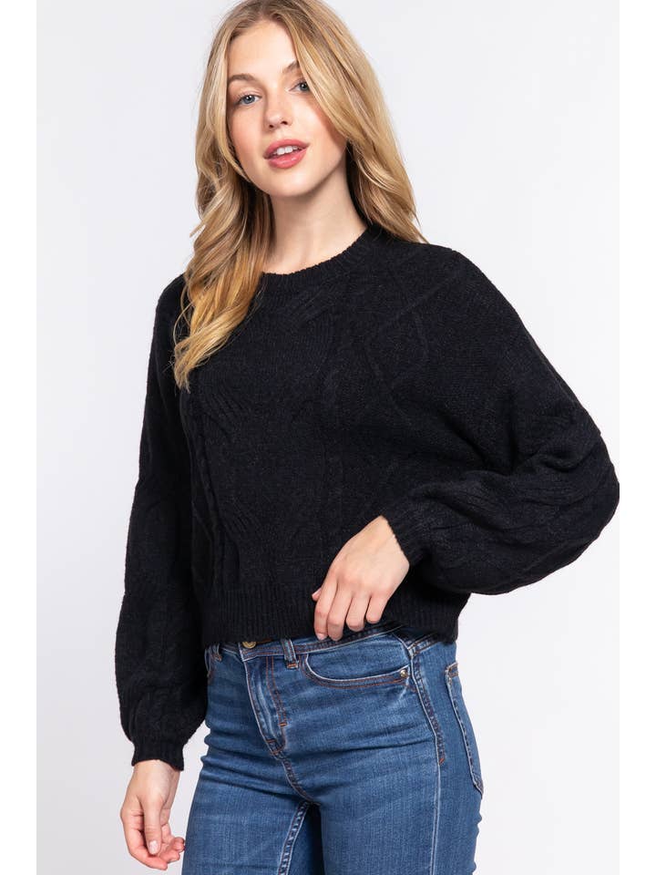 Active Basic | Active USA - Wholesale Knit Sweater - Women's - Long Sleeve Crew Neck Cable Detail Sweater