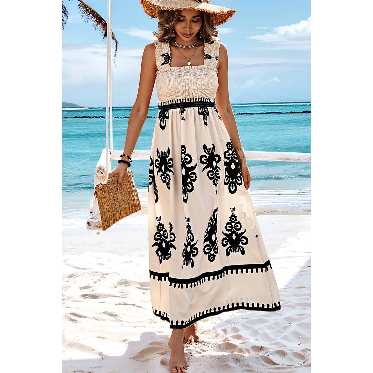 Elings - Wholesale Dress - Women's - Ruched Square Neck Sleeveless High Waist Dress2