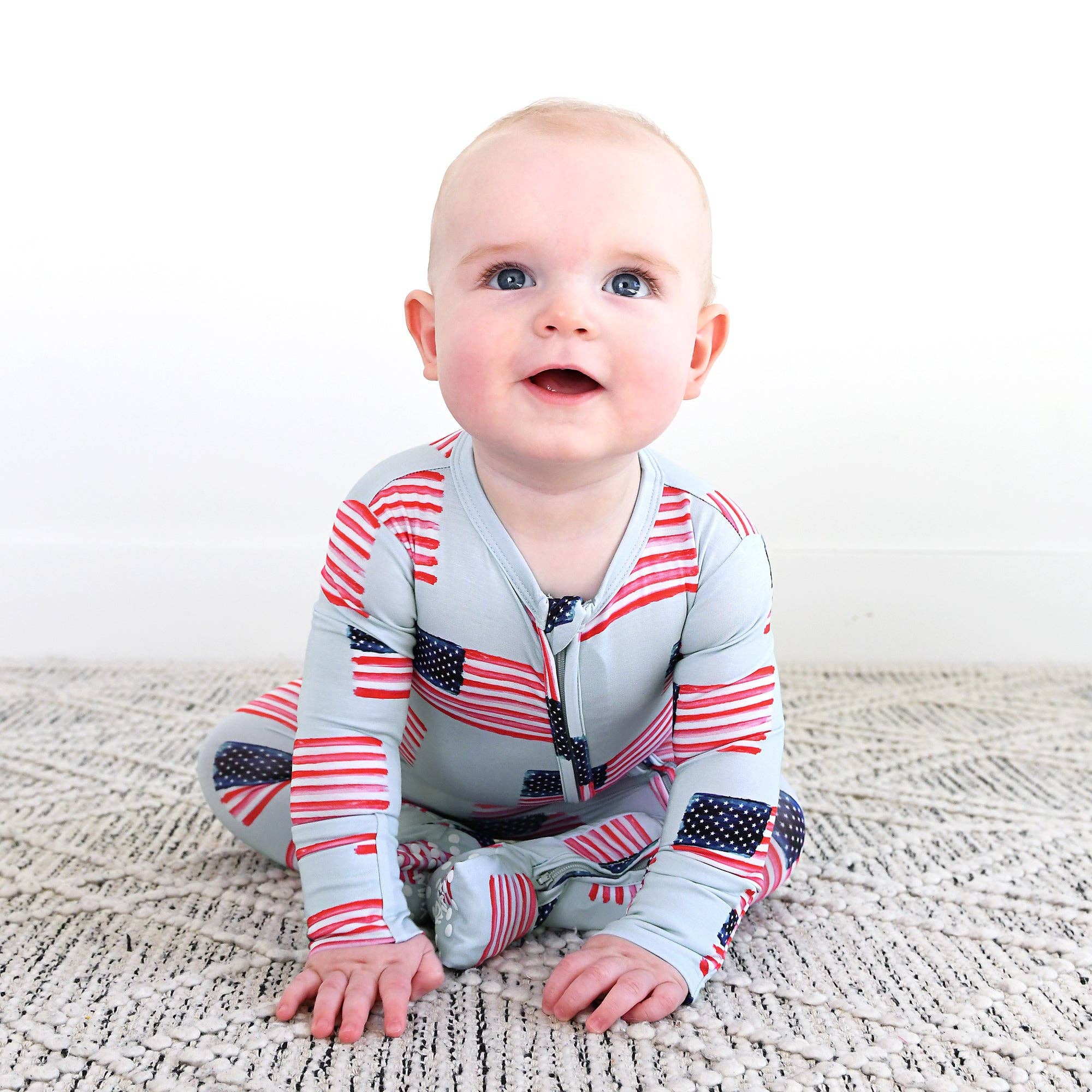 Gigi and Max - Wholesale Jumpsuit - Baby - George Blue Flag Zip Bamboo Flag 4th of July 2
