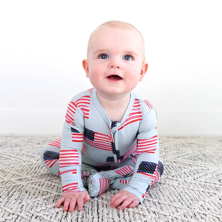 Gigi and Max - Wholesale Jumpsuit - Baby - George Blue Flag Zip Bamboo Flag 4th of July 2