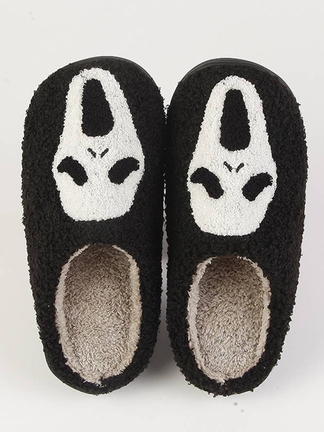 Halloween Ghost Face Design Black Fleece Fluffy Home Slipper for wholesale on Faire