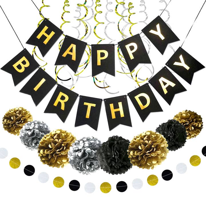 Happy Birthday Banner Kit - Happy Birthday Decorations - 1 Bday Banner, 9 Swirls, 8 Pom Poms Flowers, 1 Dots Garland - Birthday Party Decorations - Birthday Banners Set Black/Gold and other Purchase Wholesale party streamers. Free Returns & Net 60 Terms on Faire trending on Faire.