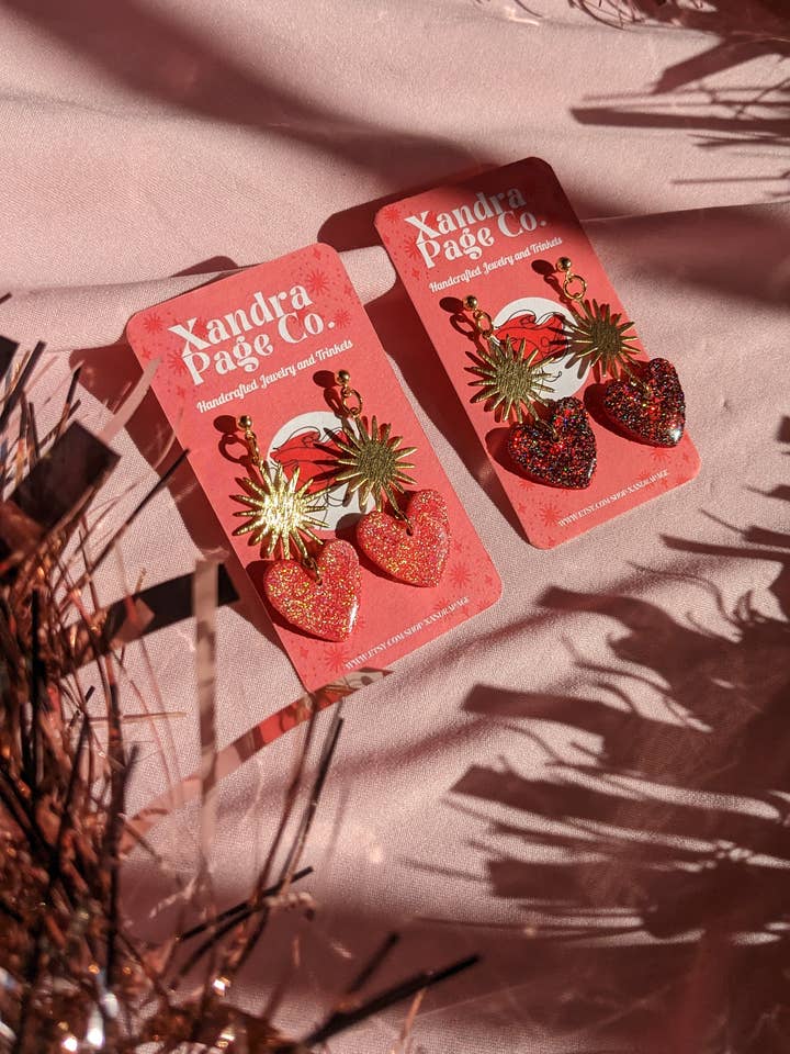 Sacred Heart Sunburst Earrings | Polymer Clay Charm Heart for wholesale by Xandra Page Co.