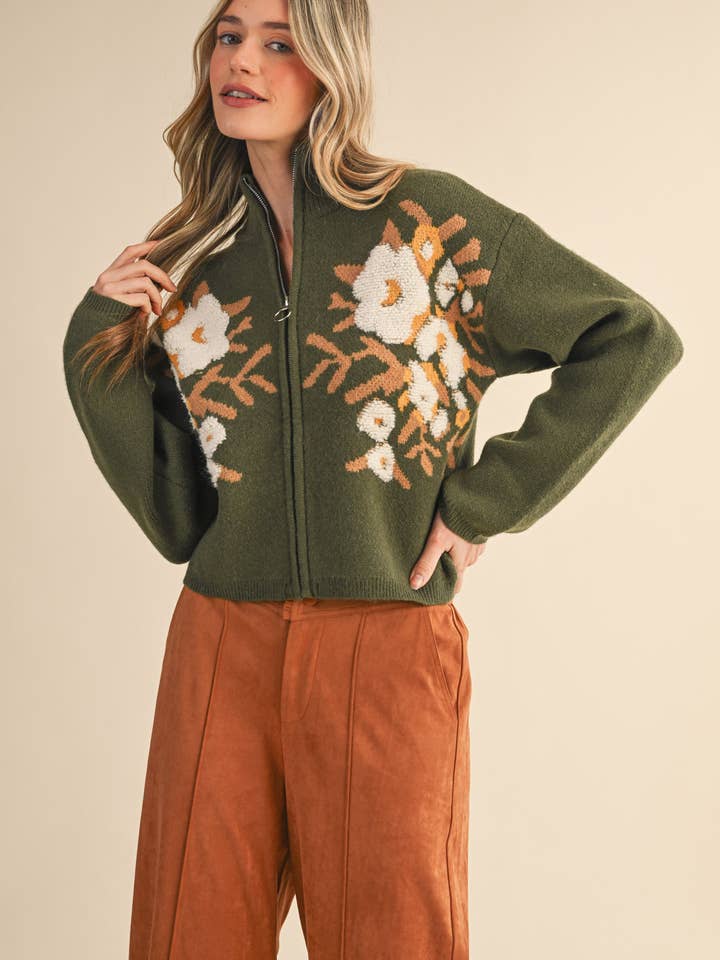 &MERCI - Wholesale Cardigan - Women's - FLORAL ZIP UP SWEATER CARDIGAN MSW1118855