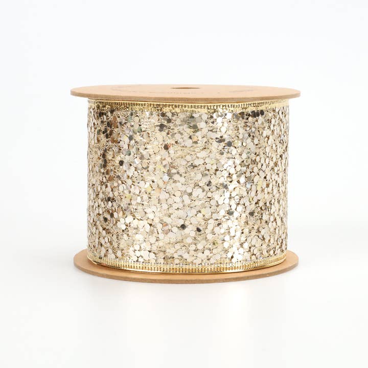 LA Ribbons Wholesale - Wholesale Ribbon - Gift Wrapping - 3" Sequin Wired Ribbon | White Gold | 10 Yard Roll2