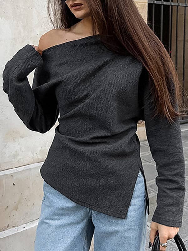 NERO Magliette a maniche lunghe con spacco laterale a spalla scoperta di colore solido e vestibilità ampia. in vendita all'ingrosso su Faire2