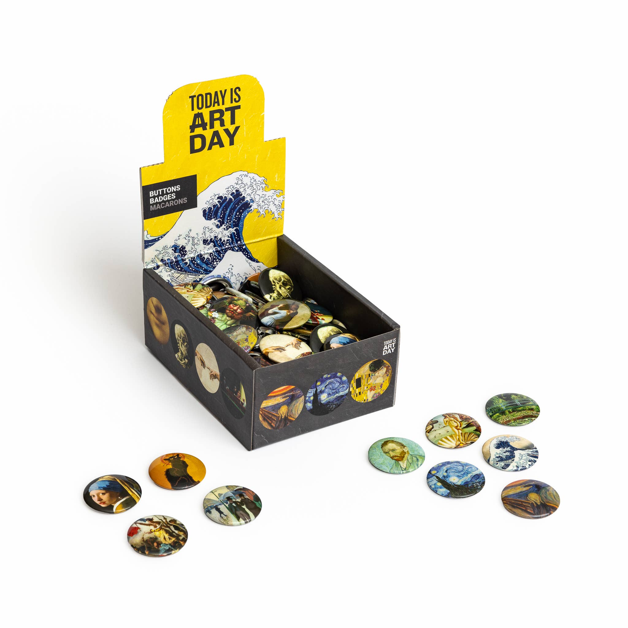 Today is Art Day – Alfinete/botão de lapela por atacado – Caixa de botões Masterpieces - Sortidos com 100 peças0