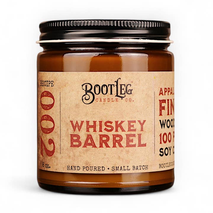 Whiskey Barrel - 8oz Soy Wax, Wood Wick Candle for wholesale by Bootleg Candle Company