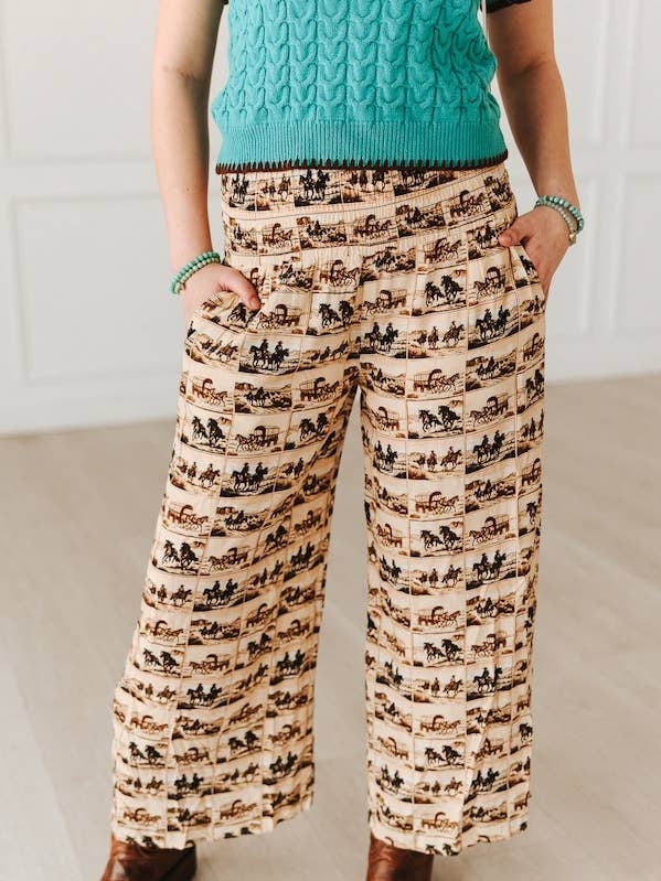 Running Horse Collage Printed High Rise Pants for wholesale by LUCKY & BLESSED