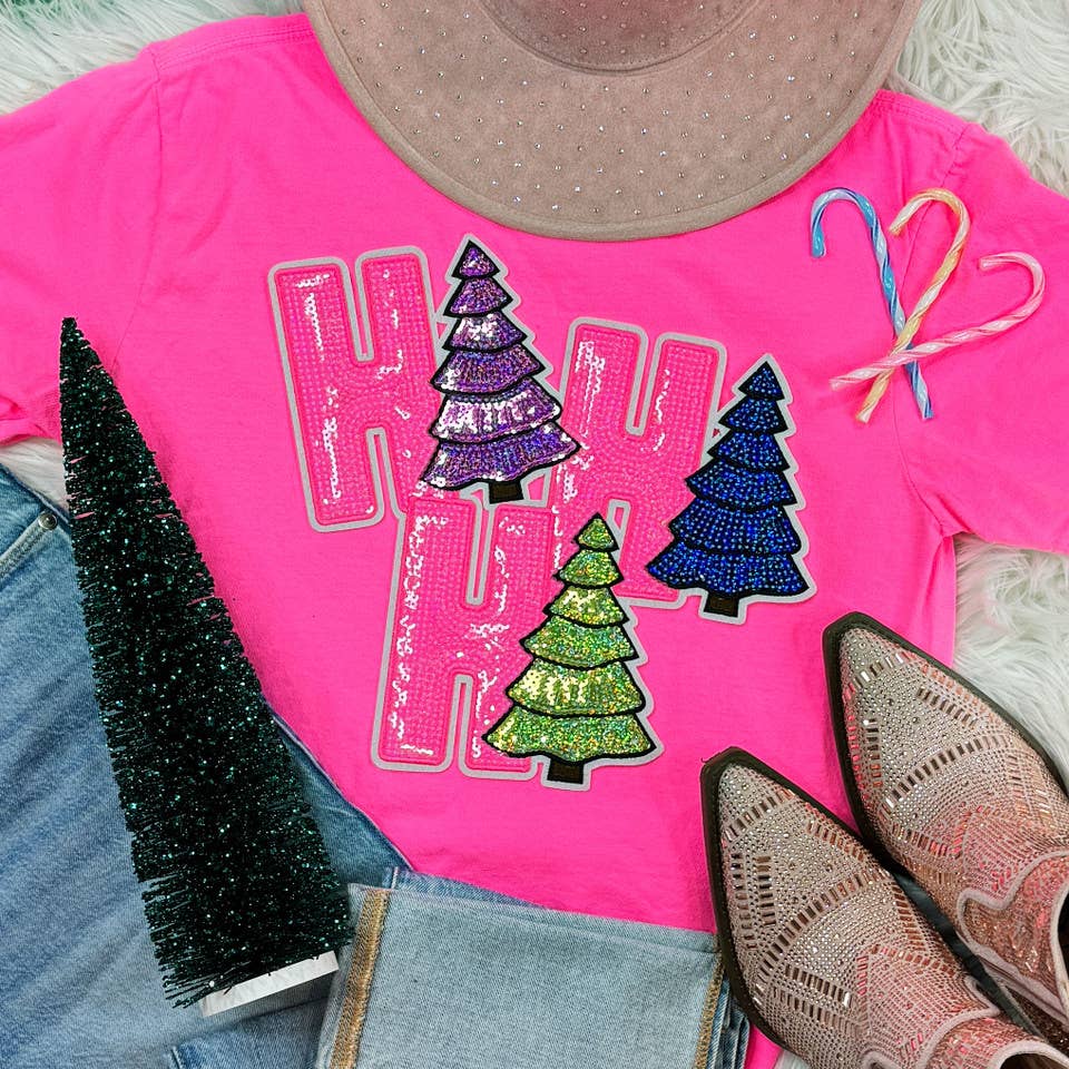 Trendy Transfers - Wholesale Patch - Sequin HoHoHo with Trees Patch2
