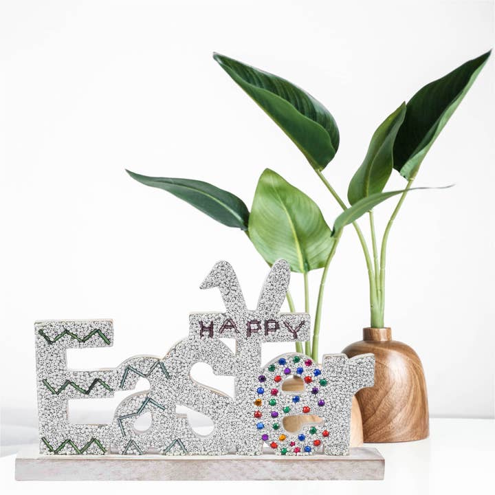 Happy Easter Beaded Wood Structure in White for wholesale on Faire4