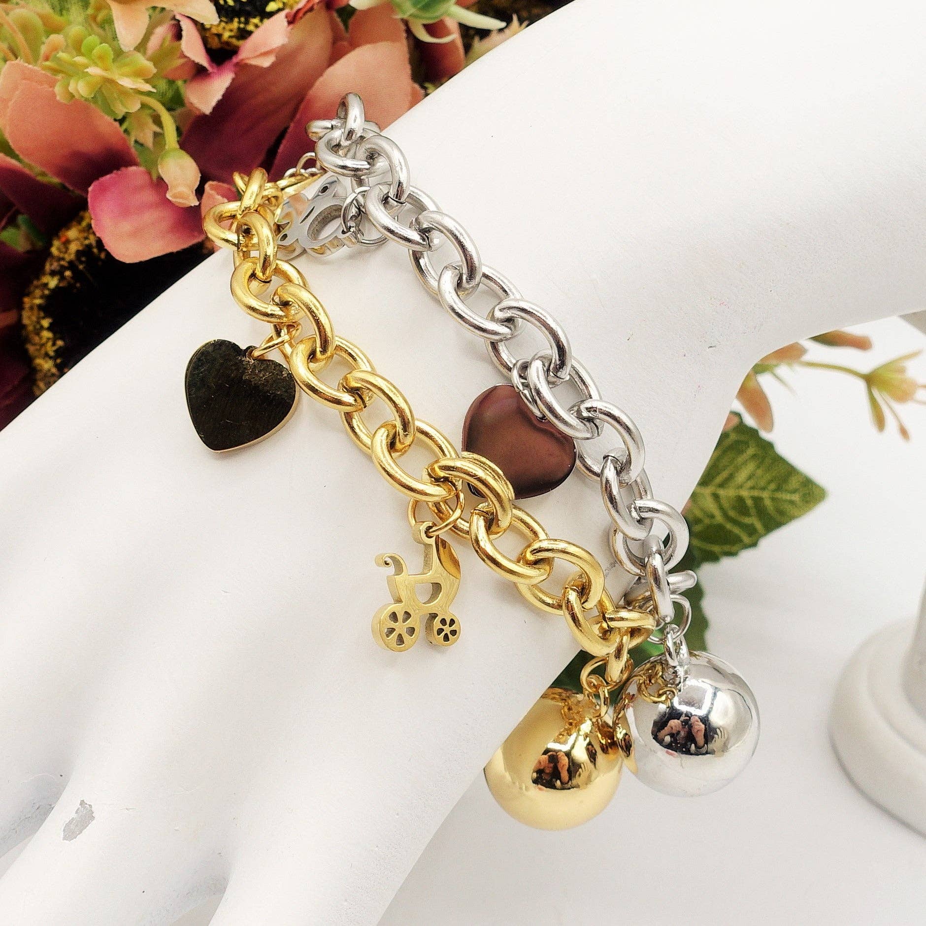 Daemon srls - Vendita all'ingrosso Braccialetto con ciondolo/pendente - Bracciale Baby in acciaio inossidabile con pallina chiama angeli e ciondoli nascita0