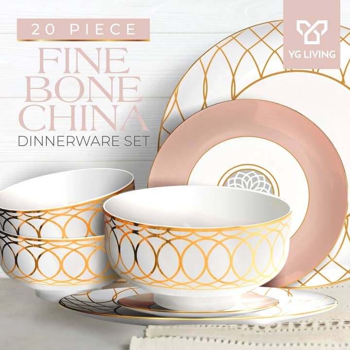 YG Living - Wholesale Dinnerware Set - Pink & Gold (Jewel) 20 Piece Bone China Dinnerware Set for 41