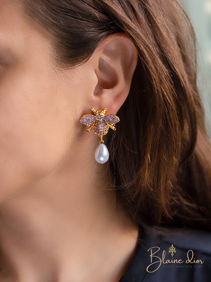 Bee Earrings with Pearl Stone and Zirconia for wholesale by BlaineDor