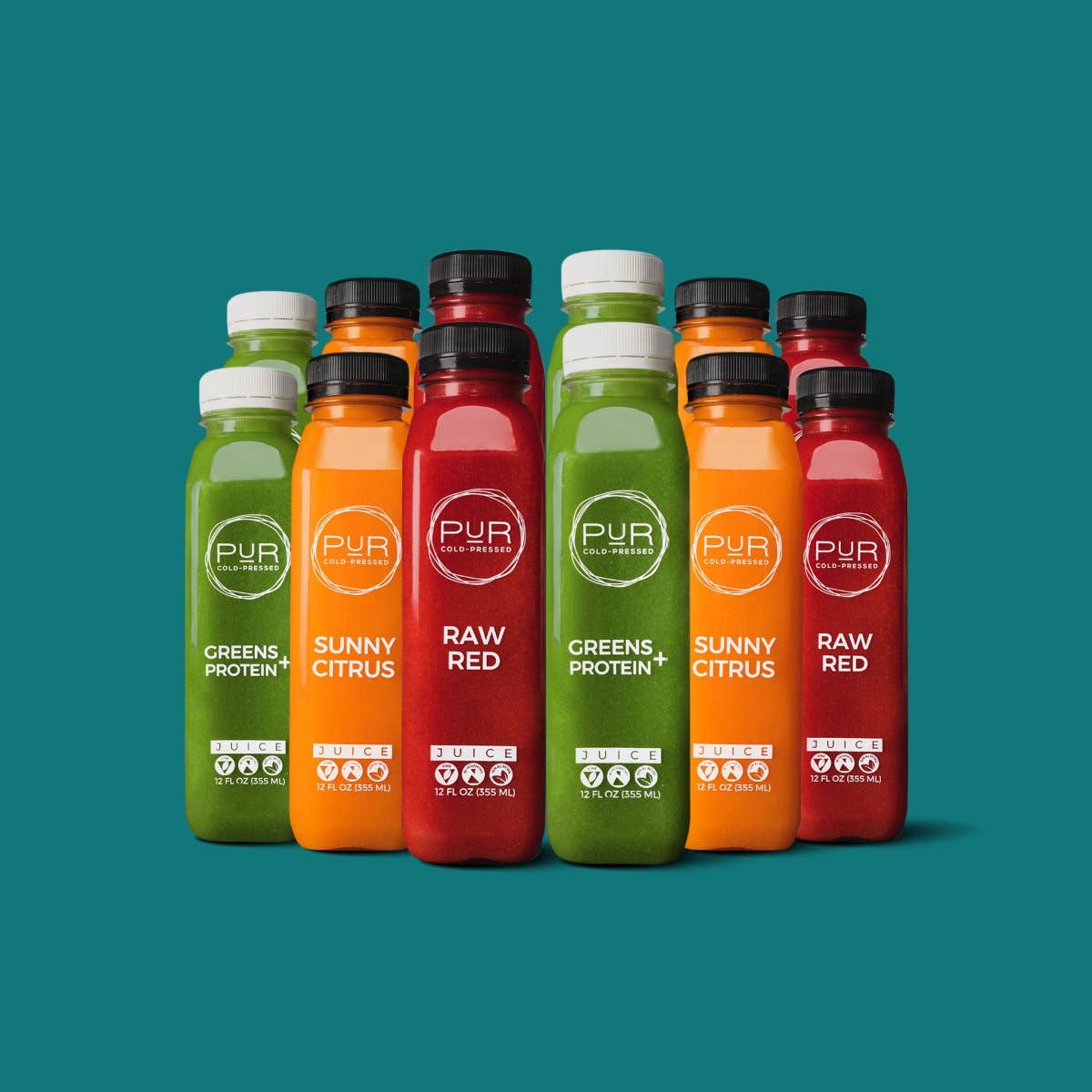 PUR Cold Pressed Juice - Wholesale Wellness Juice/Tonic - GREENS, SUNNY CITRUS, RAW RED DAILY JUICE KIT1