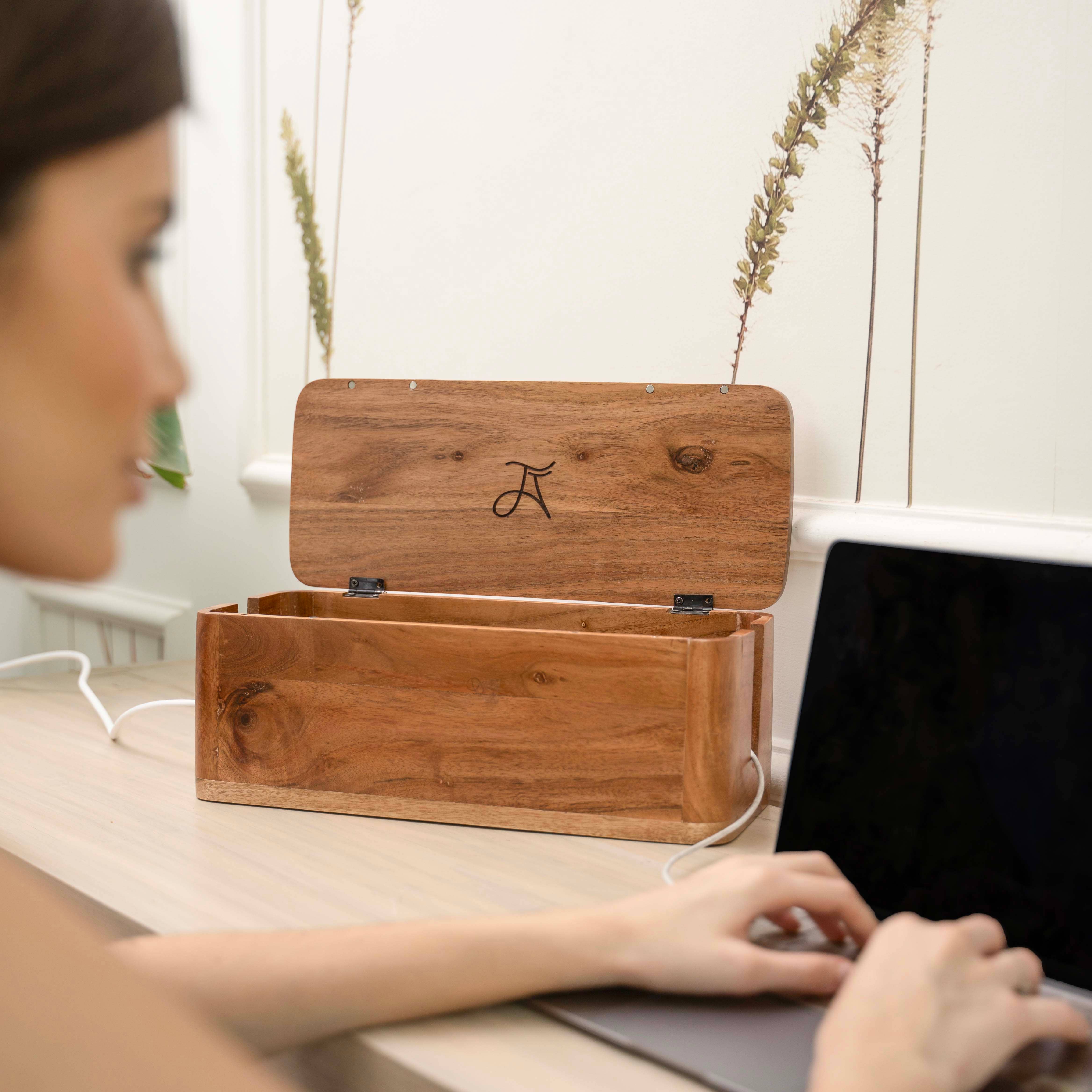 LuxeDesigns Co LLC – wholesale Desk organiser – Large Cable Management and Power Strip Box - Acacia Wood3