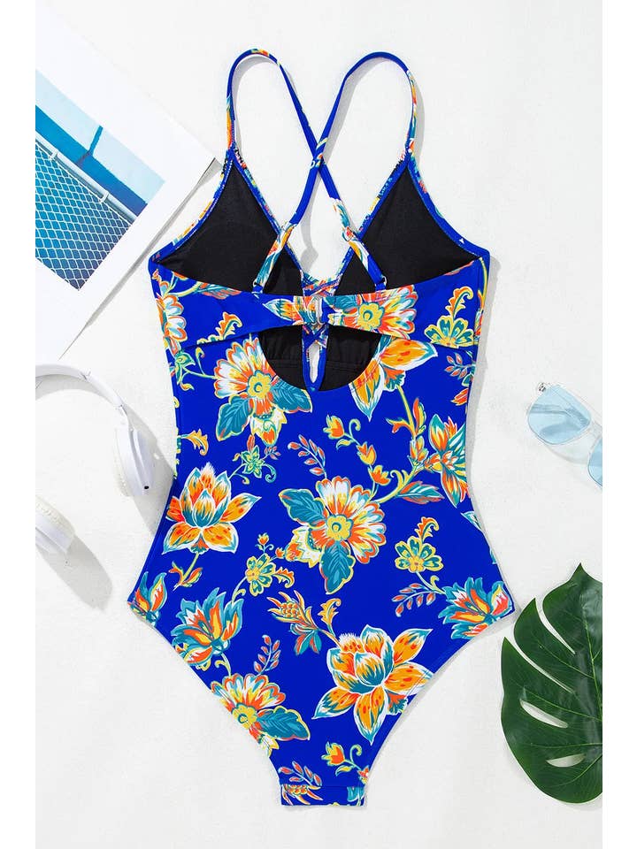 Blue Floral Cutout One Piece Swimsuit for wholesale on Faire