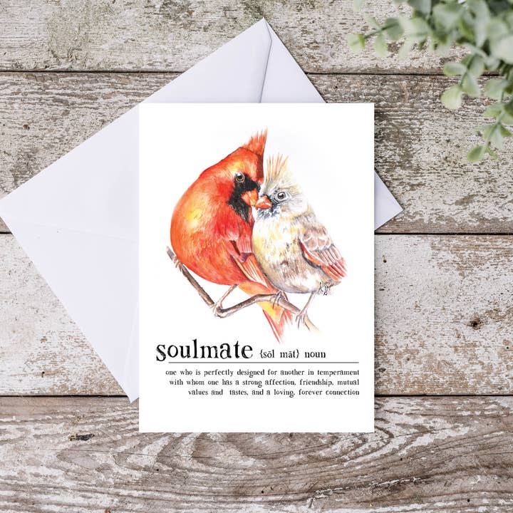 Red Cardinals Soulmate Anniversary Love folded greeting card for wholesale by Art Reflects Light