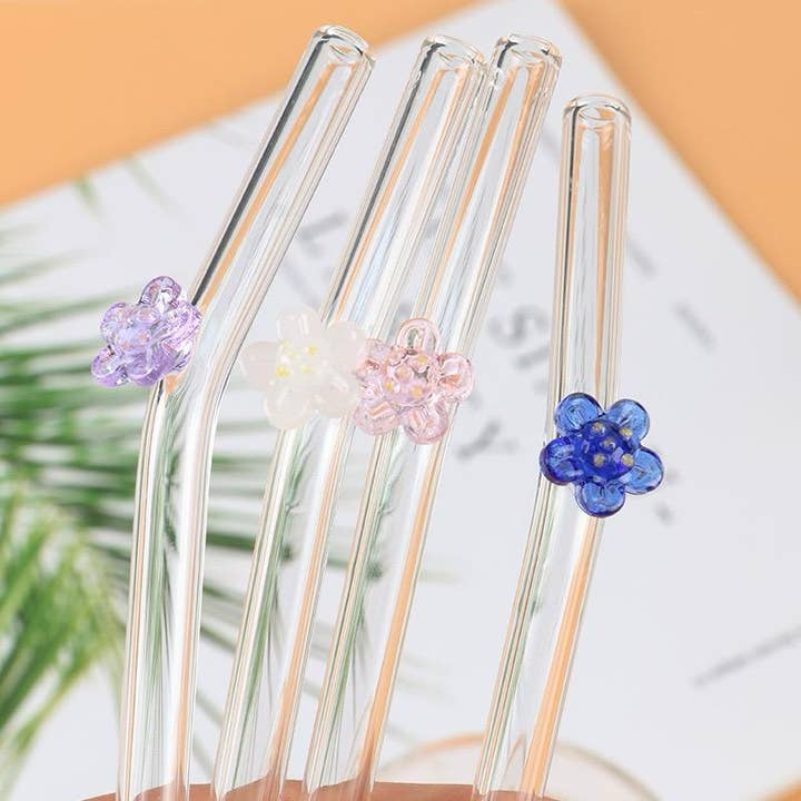 Flower Reusable Clear Transparent Glass Bend Drink Straws for wholesale by Weavey Studio