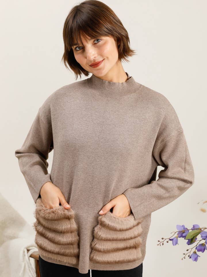 DIX-ONZE - Wholesale Knit Sweater - Women's - Comfortable High Collar Sweater – Faux Fur Pockets0