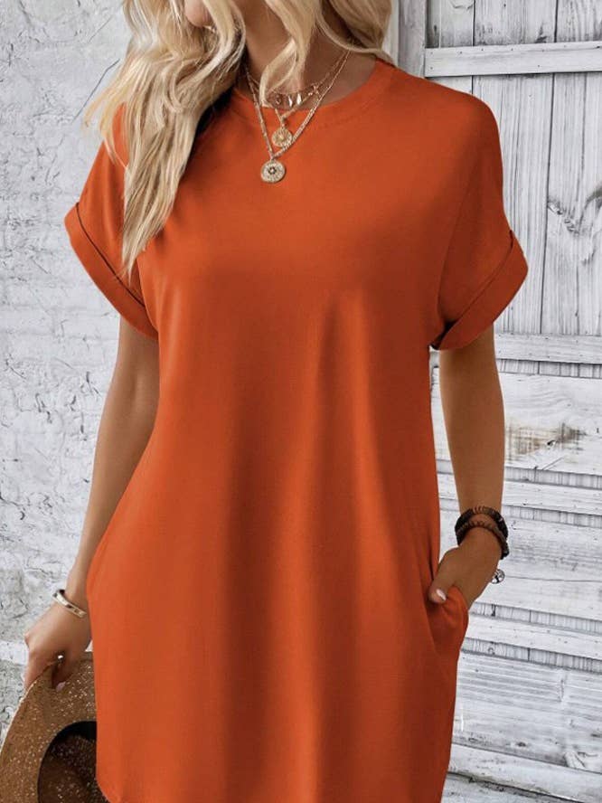 UNISHE - Wholesale Dress – Women's - Plain Fold Cuff Pockets Round Neck T-Shirt Dress ZK13330