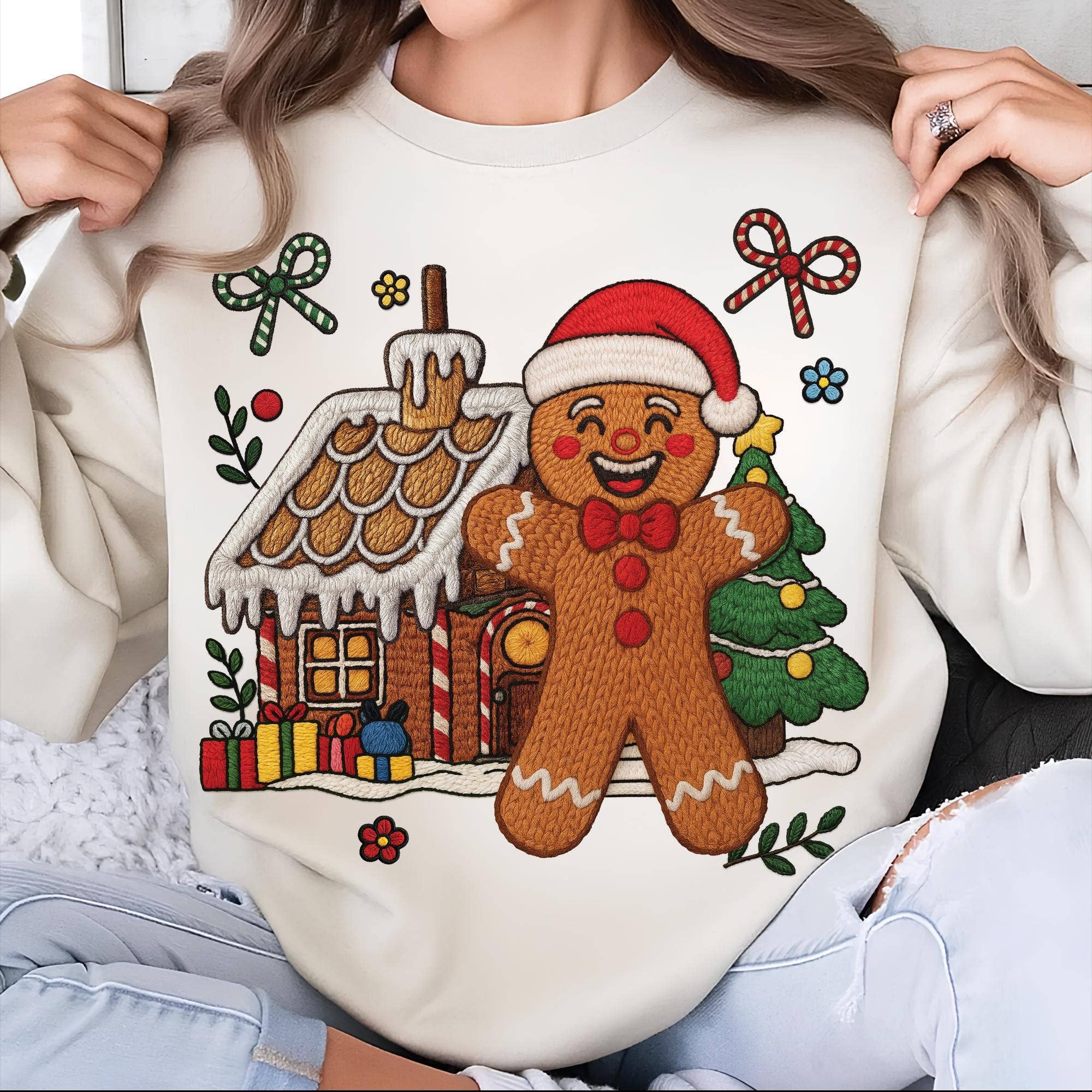 NVC Ecommerce LLC - Vente T-shirt à imprimés – femme - Faux Fil Crochet Bonhomme en Pain d'Épices T-shirt, Pull de Noël2