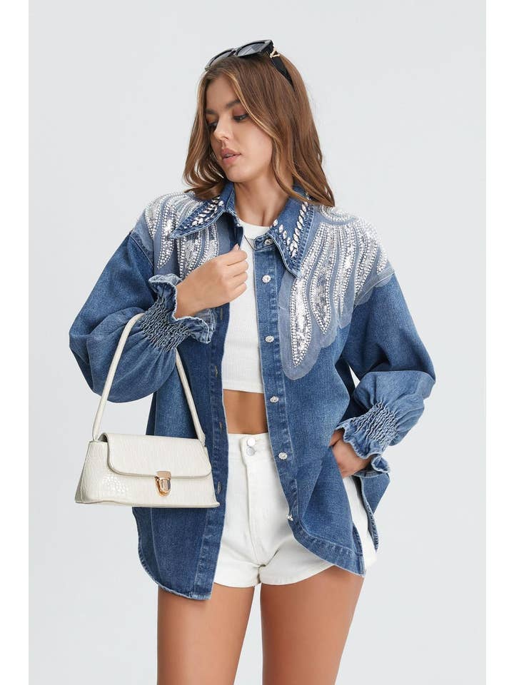 Blue 7360 Denim shirt with pearl, stone, and jewelry for wholesale on Faire2