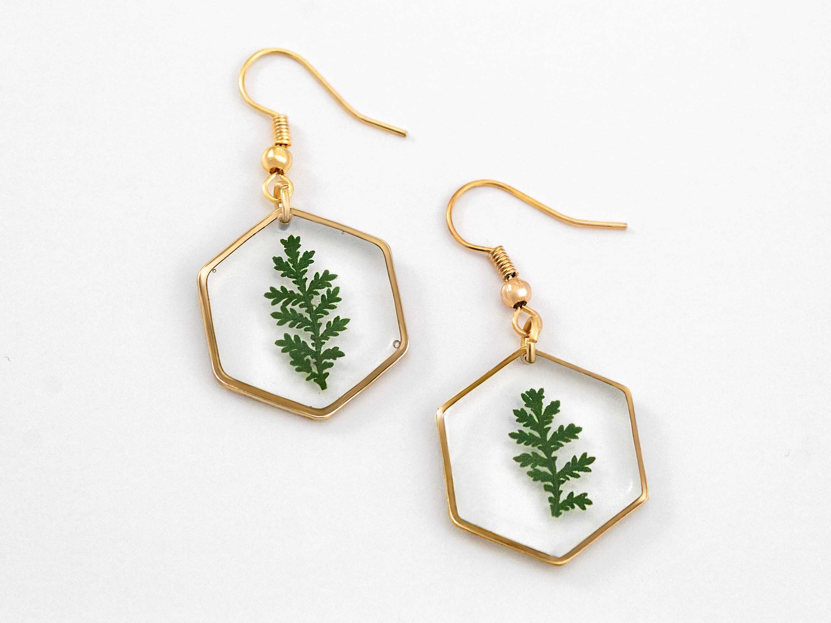 Allie and Posie – wholesale Dangle earrings – Mia hexagon dangle earrings with real dried fern in resin20