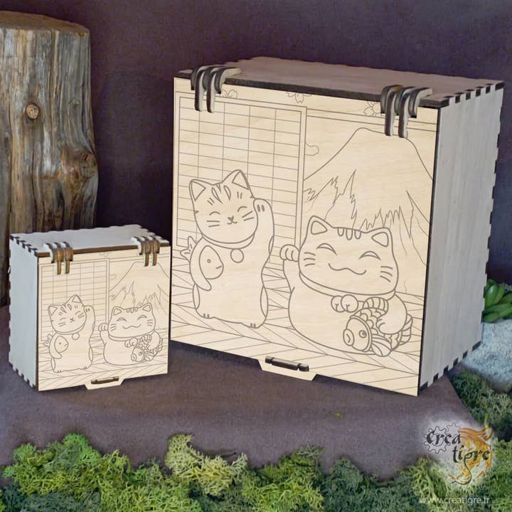 Scatola in legno della collezione Giappone con Maneki Neko Duo e Monte Fuji per la vendita all'ingrosso da parte di Creatigre