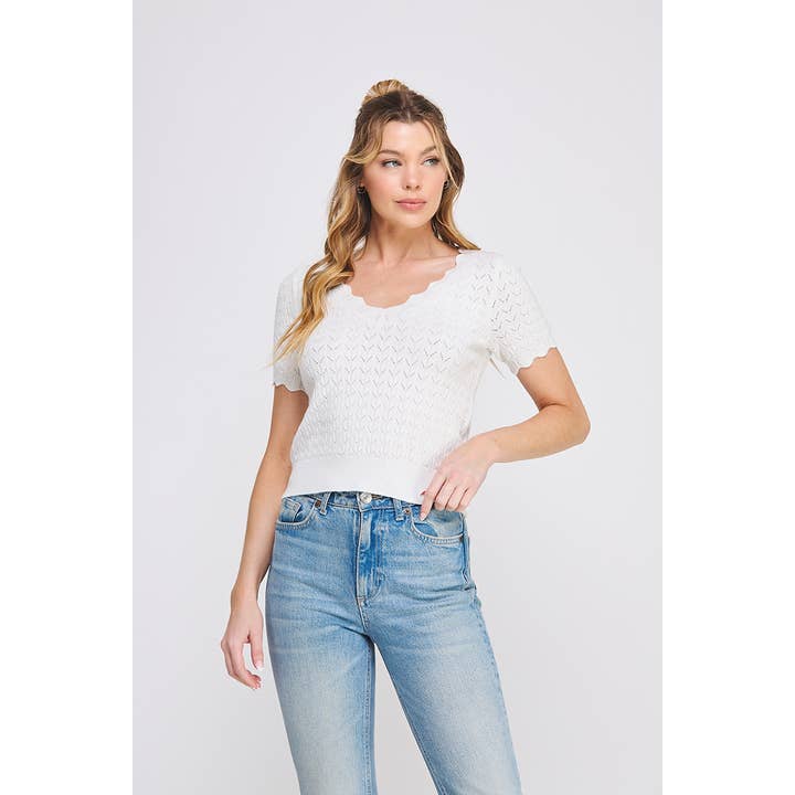 Pointelle fine gauge ss v-neck knit top w/scallop edges for wholesale by Allie Rose