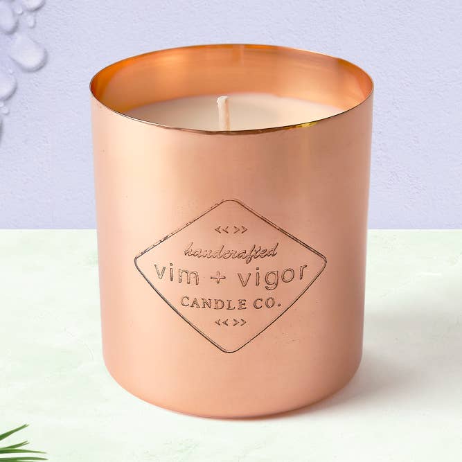 Rainwater + Mountain Air Copper Candle for wholesale by Vim + Vigor Candle Co