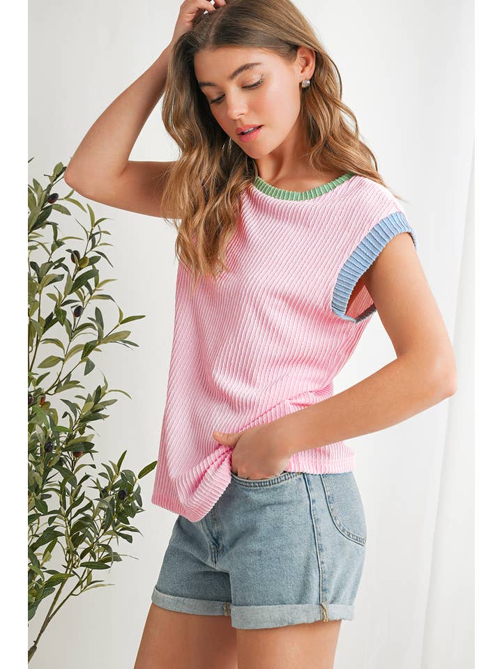 Aapparella - Wholesale Knit Top - Women's - Color Block Corded Knit Crew Neck Tee | S-XL