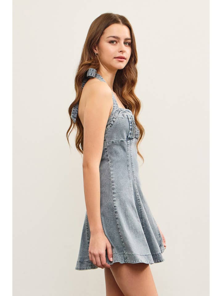 TIED HALTER NECK FLARE DENIM DRESS for wholesale on Faire