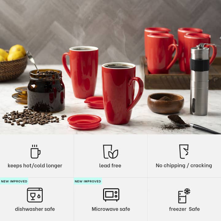 Kadra Kitchenware - Wholesale Coffee Mug - Mitbak - Classic Mug with Lids, Red, 6 Pk1