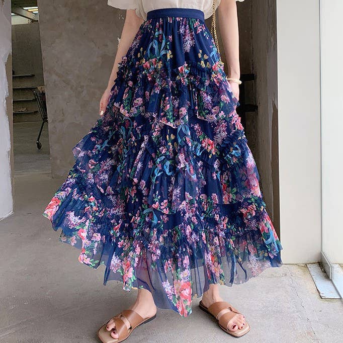 PEACH ACCESSORIES – Engroshandel Nederdel - Dame – PEACH ACCESSORIES blomsterprintet flæsenederdel med vidde SK19311